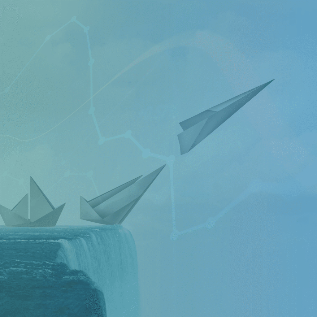 Paper boat transforming into a paper plane over a waterfall, symbolising recruitment business survival and scaling.