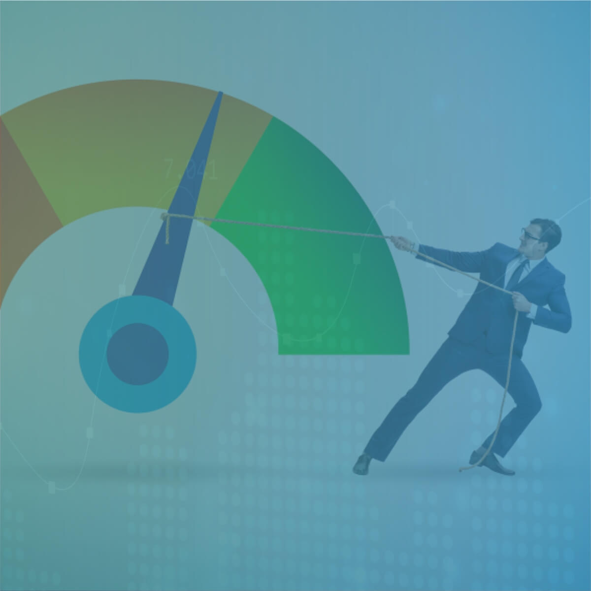 Man pulling a gauge needle representing financial management and credit control for recruitment agencies.