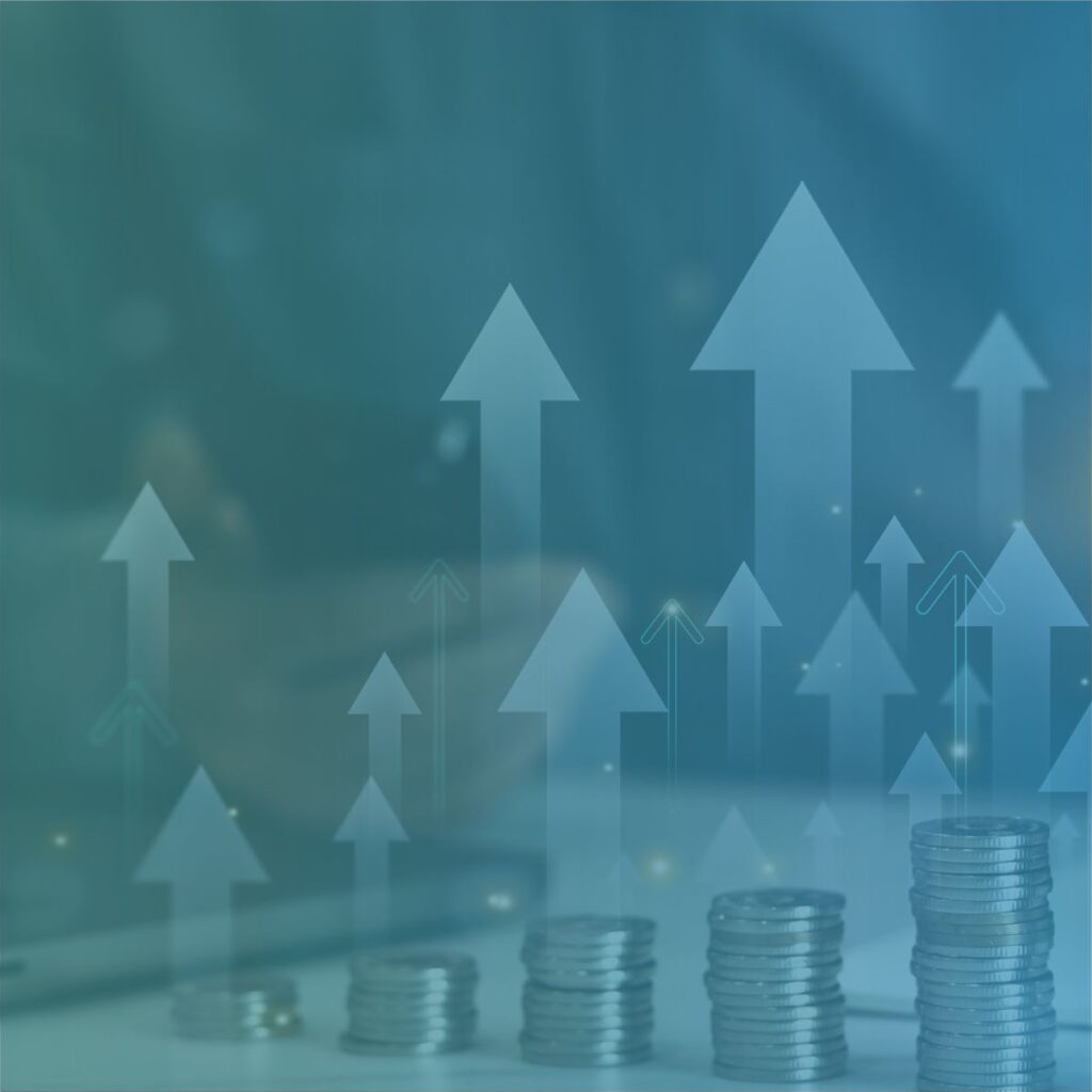 Stacks of coins and upward-pointing financial arrows symbolising cost-saving strategies for recruitment agencies.