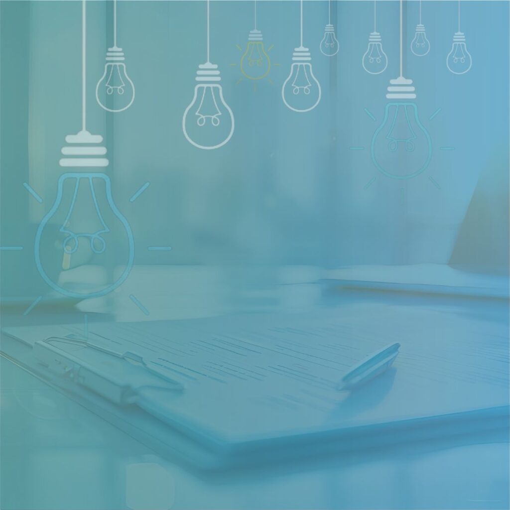 Glowing light bulb icons hanging over business documents representing strategy tips for contract recruitment.