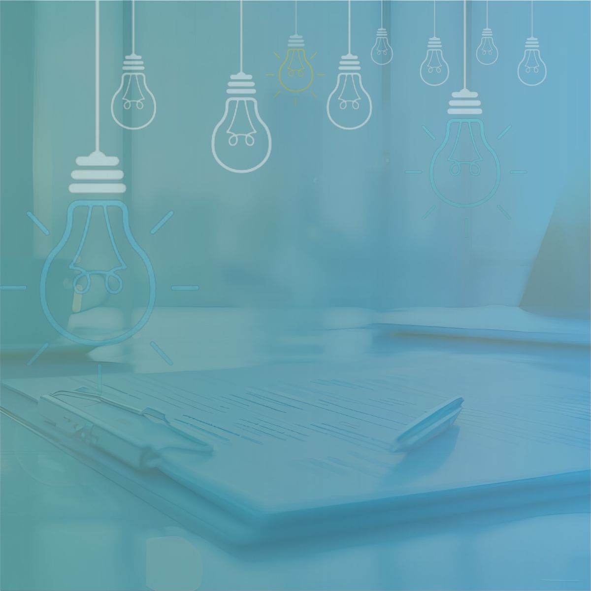 Glowing light bulb icons hanging over business documents representing strategy tips for contract recruitment.
